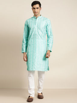 SOJANYA - (Since 1958) Silk Blend Blue Embroidered Kurta And White Churidar Pyjama (Set of 2)