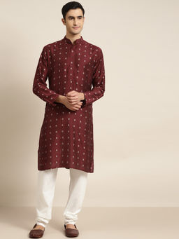 SOJANYA - (Since 1958) Men Cotton Maroon Kurta And White Churidar Pyjama (Set of 2)