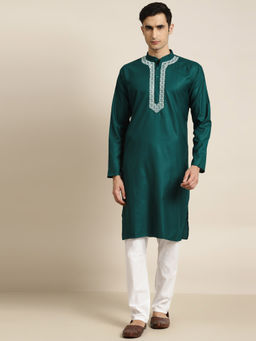 SOJANYA - (Since 1958) Rama Green Neck Embroidery Kurta & White Churidar Pyjama (Set of 2)