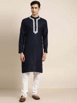 SOJANYA - (Since 1958) Navy Blue Neck Embroidery Kurta & White Churidar Pyjama (Set of 2)