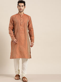 SOJANYA - (Since 1958) Jacq Silk Orange Kurta And Off-White Churidar Pyjama (Set of 2)