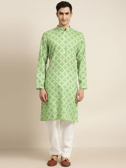 SOJANYA - (Since 1958) Men Cotton Green Printed Kurta And White Churidar Pyjama (Set of 2)