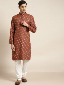 SOJANYA - (Since 1958) Men Cotton Rust Printed Kurta And White Churidar Pyjama (Set of 2)