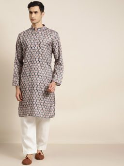 SOJANYA - (Since 1958) Men Cotton Beige Printed Kurta And White Churidar Pyjama (Set of 2)