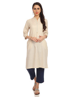 Biba - Beige Solid Straight Kurta