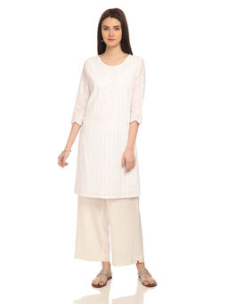 Biba - Off White Solid Straight Kurta