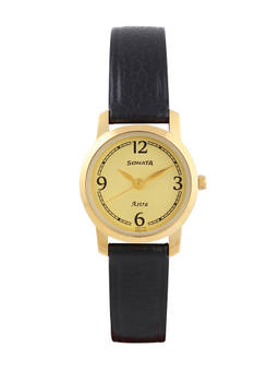 Sonata - Champagne Dial Black Leather Strap Watch - NM87018YL01