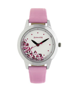 Sonata - White Dial Pink Leather Strap Watch - NM87019SL04W