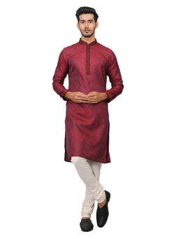 Manyavar - Maroon Silk Blend Kurta Churidar (Set of 2)