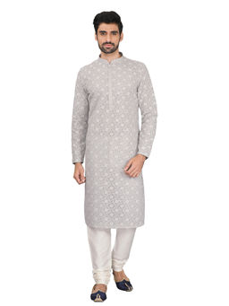 Manyavar - Grey Cotton Blend Kurta Churidar (Set of 2)
