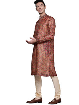 Manyavar - Maroon Art Silk Printed Kurta with Churidar (Set of 2)