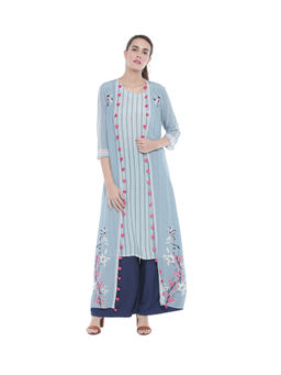 Soup by Sougat Paul - Striped Kurta And Floral Long Jacket With Palazzos - Customisable