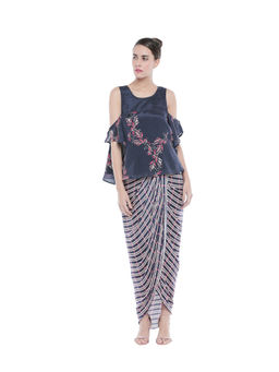 Soup by Sougat Paul - Draped Checks Skirt & Floral Printed Cold Shoulder Top - Customisable (Set of 2)