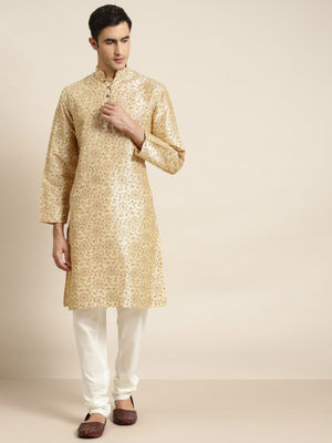 Buy SOJANYA Men Silk Blend Cream Kurta With Churidaar Pyjama & Green