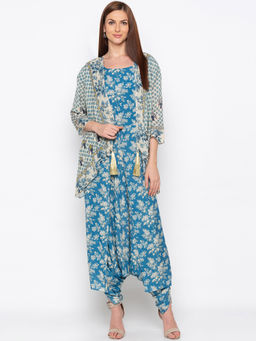 Soup by Sougat Paul - Blue Printed Jumpsuit With Jacket - Customisable (Set of 2)