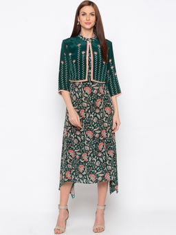 Soup by Sougat Paul - Green Printed Dress With Jacket - Customisable (Set of 2)