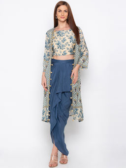 Soup by Sougat Paul - Beige Printed Crop Top With Drape Skirt And Jacket - Customisable (Set of 3)