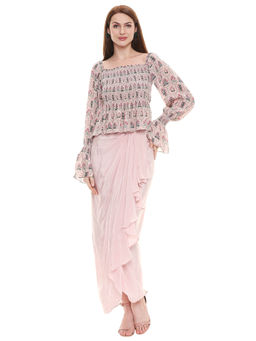 Soup by Sougat Paul - Dusk Pink Printed Drape Skirt With Top (Set of 2)