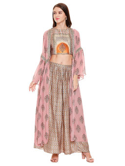 Soup by Sougat Paul - Dusk Pink Printed Crop Top With Jacket & Pant (Set of 3)