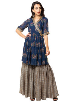 Soup by Sougat Paul - Navy Blue Printed Wrap Top With Peplum (Set of 2)