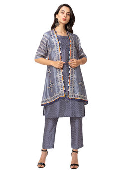 Soup by Sougat Paul - Powder Blue Printed Sleeveless Jacket With Kurta And Bottom (Set of 3)