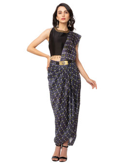 Soup by Sougat Paul - Navy Blue Embroidered Saree With Stitched Blouse & Belt