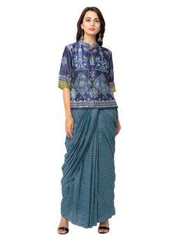 Soup by Sougat Paul - Navy Blue Printed Skirt And Jacket (Set of 2)