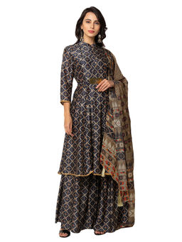 Soup by Sougat Paul - Blue Printed Kurta Sharara And Dupatta (Set of 3)