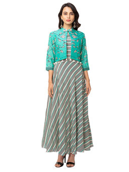 Soup by Sougat Paul - Green Floral Jacket And Dress (Set of 2)