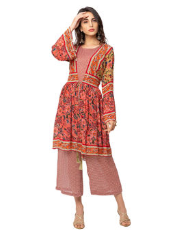 Soup by Sougat Paul - Red Floral Jumpsuit Jacket (Set of 2)