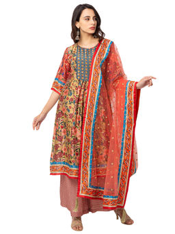 Soup by Sougat Paul - Red Floral Front Pleated Kurta With Dupatta (Set of 3)