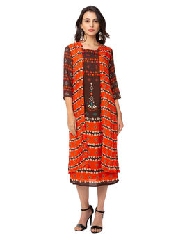 Soup by Sougat Paul - Coffee Printed Dress And Jacket (Set of 2)
