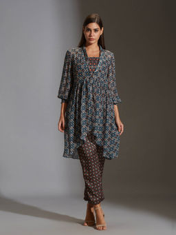 Soup by Sougat Paul - Rushed Top Paired With Narrow Bottom Pants And Chiffon Jacket (Set of 3)