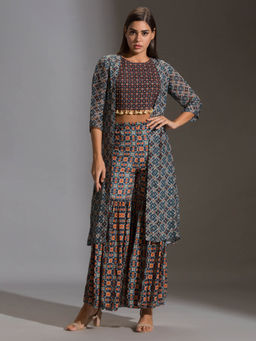 Soup by Sougat Paul - Crop Top With Tassel Detail Paird With Sharara And Jacket (Set of 3)