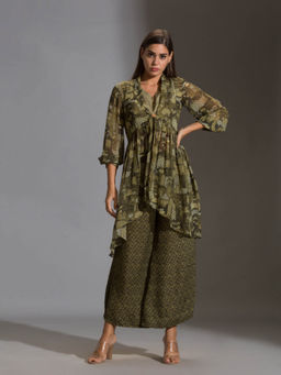 Soup by Sougat Paul - Printed Crop Top Paired With Printed Flared Pants And Rushed Jacket (Set of 3)