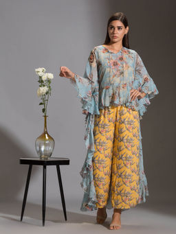 Soup by Sougat Paul - Printed Jumpsuit Paired With Printed Asymmetrical Top With Frills (Set of 2)