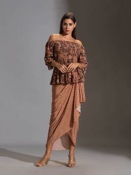 Soup by Sougat Paul - Rushed offshoulder Top Paired With Printed Dhoti Skurt (Set of 2)
