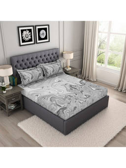 SPACES - Bamboo Charcoal 210 TC Grey Abstract Cotton 1 King Bedsheet 2 Pillow Covers