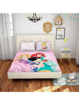 SPACES - Disney Princess Cotton Pink Kids 180 Tc 1 Queen Bed Sheet With 2 Pillow Cover