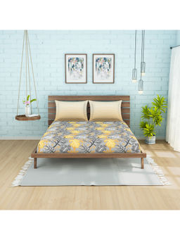SPACES - Atrium Yellow Floral Cotton 144 Tc 1 Queen Bedsheet With 2 Pillow Covers