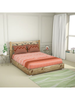 SPACES - Atrium Cotton Brown Geometric 210 Tc 1 Queen Bed Sheet With 2 Pillow Cover