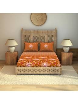 SPACES - RANGANA NIYAMA 100% COTTON Large Bedsheet SOFT FEEL SKIN SAFE BREATHABLE (FLORAL, 274CMX274CM/43CMX68CM) - ORANGE