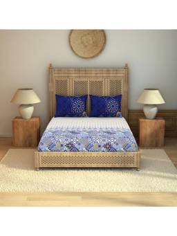 SPACES - RANGANA ANISH 100% COTTON Large Bedsheet SOFT FEEL SKIN SAFE BREATHABLE (ORNATE, 274CMX274CM/43CMX68CM) - BLUE