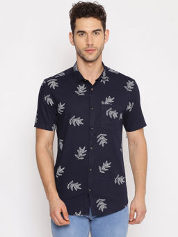 SHOWOFF - Men's Cotton Casual Navy Printed Slim Fit Shirt
