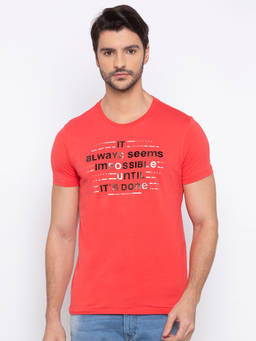Spykar - Deep Red Printed Slim Fit T-shirt
