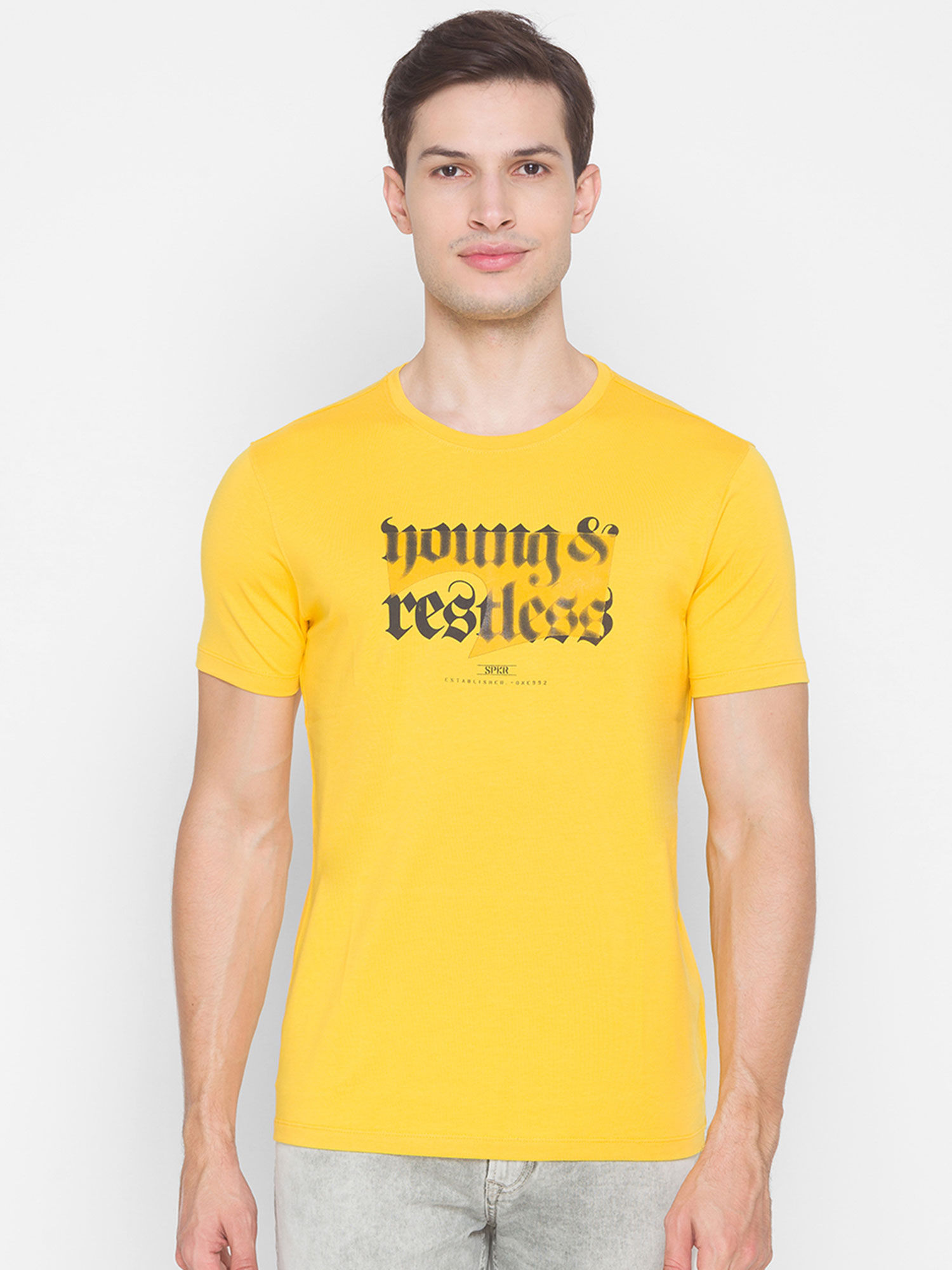 Spykar Yellow Cotton Men T-Shirt 