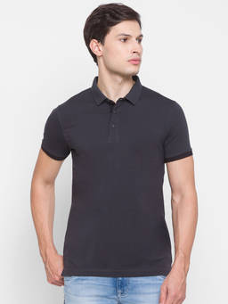 Spykar - Grey Cotton Men Polo T-shirt
