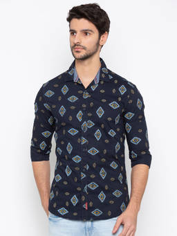 Spykar - Navy Blue Printed Slim Fit Casual Shirt