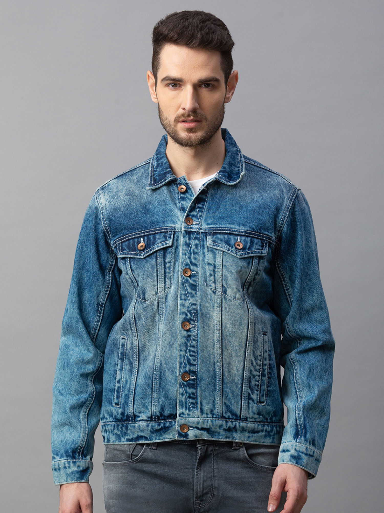 Blue Cotton Regular Fit Jackets (XL 