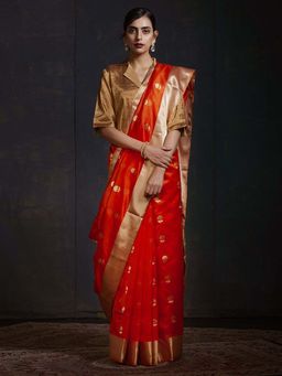 WeaverStory - Orange Chanderi Silk Saree and Blouse with Floral Motifs In Gold and Silver Zari